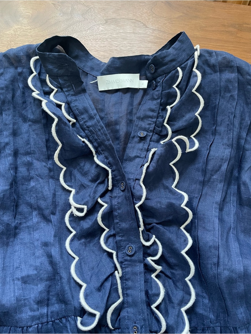 Zimmermann Navy Ruffle Tiered with white trim Midi Dress Contrast missing belt 4 - Picture 9 of 11